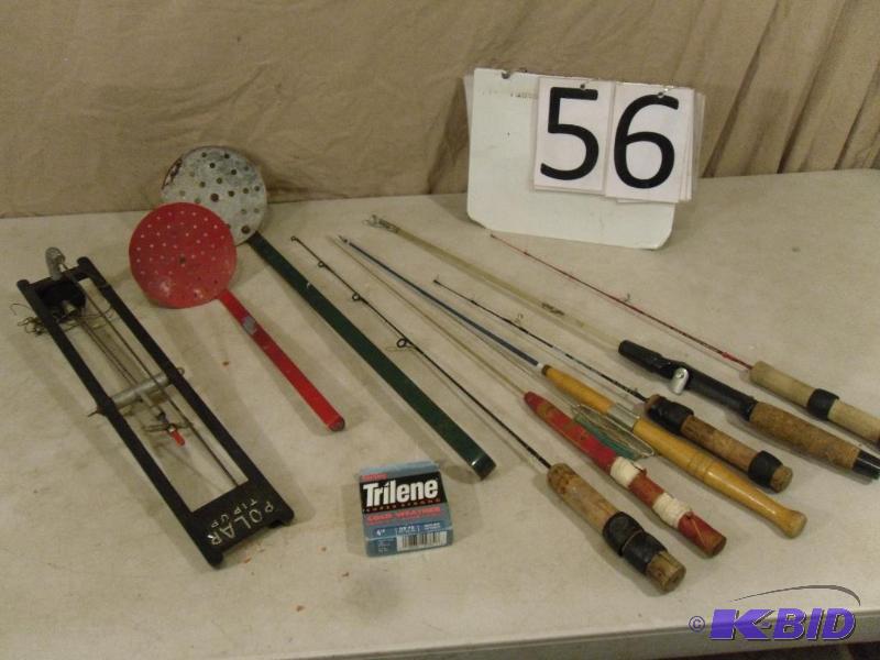 lot 56 image: Lot of Ice Fishing Gear. Rods, Tip Up, Scoops...