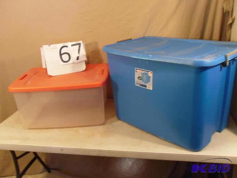 lot 67 image: 2 Assorted Totes with Lids. Both lids are lat...