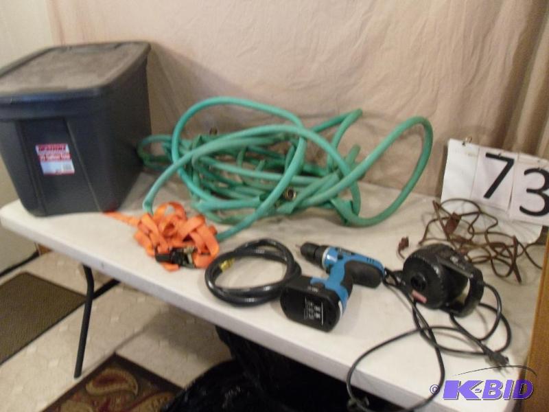 lot 73 image: Tote with Lid, Garden Hose, 18 V Drill-works-...