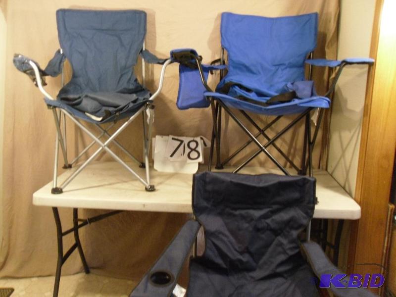 lot 78 image: 3 Fold Up Bag Chairs. One chair is missing ba...