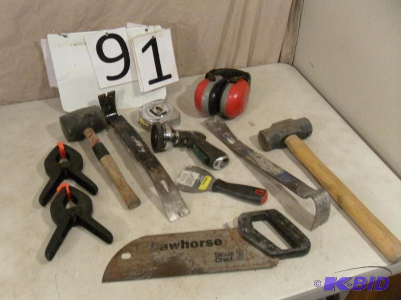 lot 91 image: Hammers, Flat Bars, Saw, Tape Measure, Ear Pr...