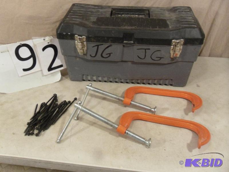 lot 92 image: Stack On Tool Box with 2 8" C Clamps (bo...