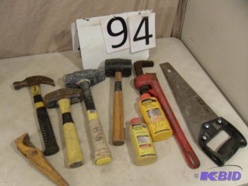 lot 94 image: Lot of Assorted Hand Tools. Hammers, Pipe Wre...