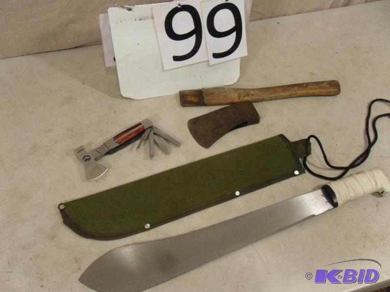 lot 99 image: Machete with Sheathe, Pocet Knife Hatchet Mul...