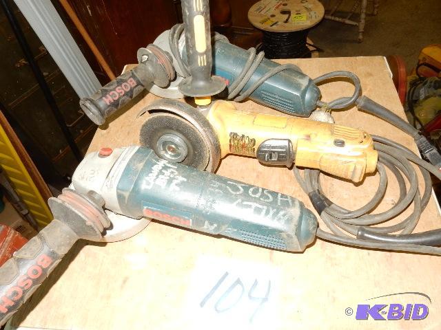 2 Bosch 4 12 in Grinders, 1 Dewalt Angle Grinder