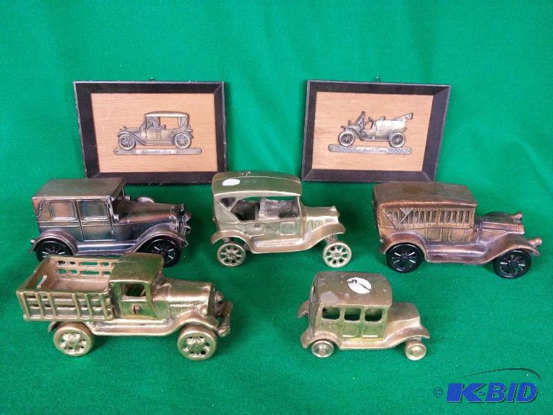 lot 177 image: Lot of (7) Brass Automobiles & Framed Art...