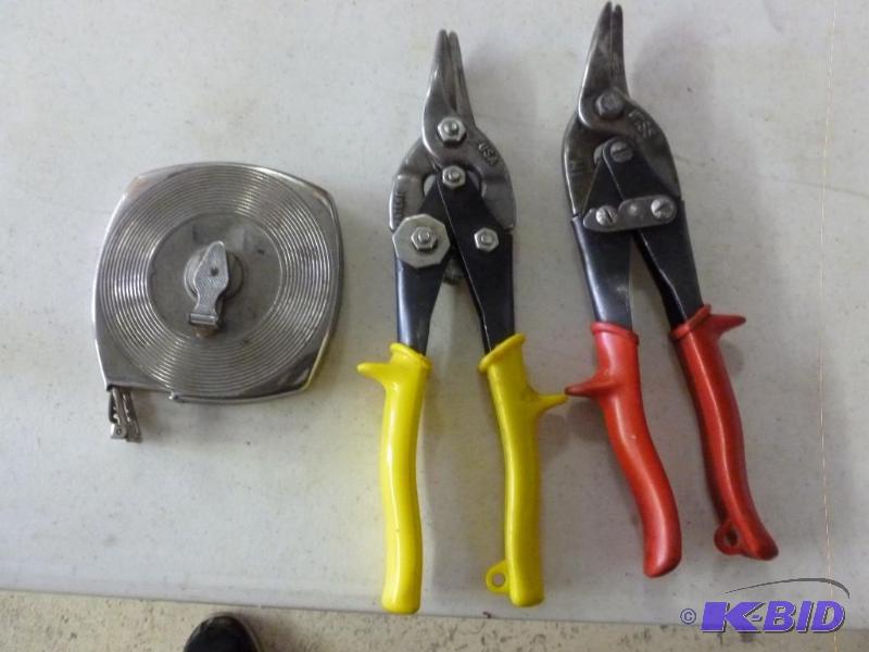 2 Pair of Tin Snips and a Thin Tape Measure with Metal Case