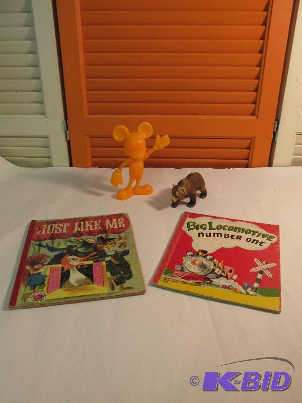 Vintage ORANGE Mickey Mouse, Schleich Bear, and 2 OLD CUTE BOOKS