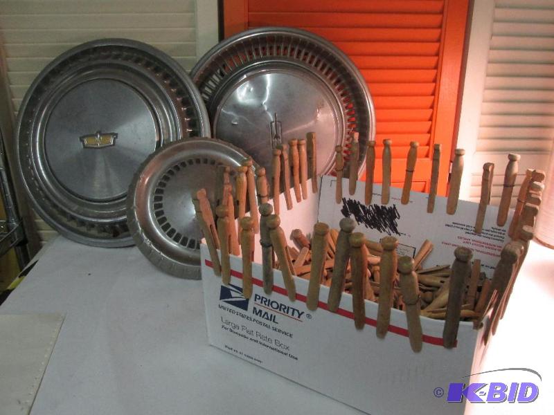 VINTAGE --- Hub Caps and Lots of OLD Clothes Pins