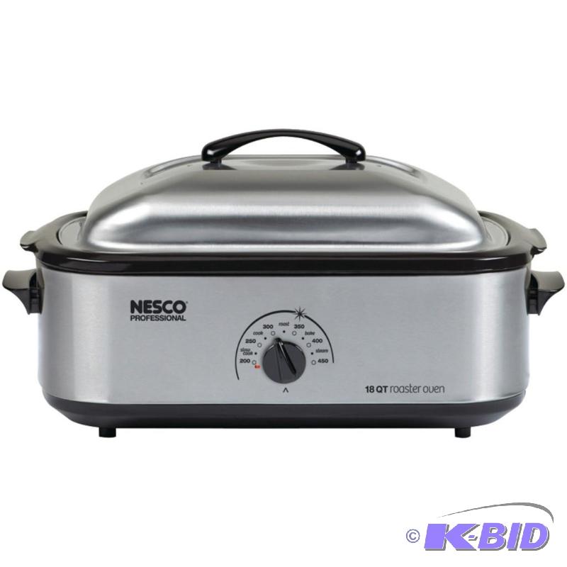 lot 108 image: Nesco 4818-25PR 18-Quart Professional Roaster Oven, Stainless Steel Base and Lid, Porcelain Cookwell