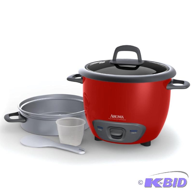 lot 134 image: Aroma 6-Cup (Cooked) Pot Style Rice Cooker and Food Steamer, Red