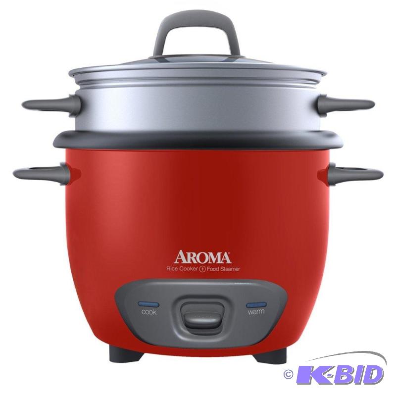 lot 14 image: Aroma 6-Cup (Cooked) Pot Style Rice Cooker and Food Steamer, Red