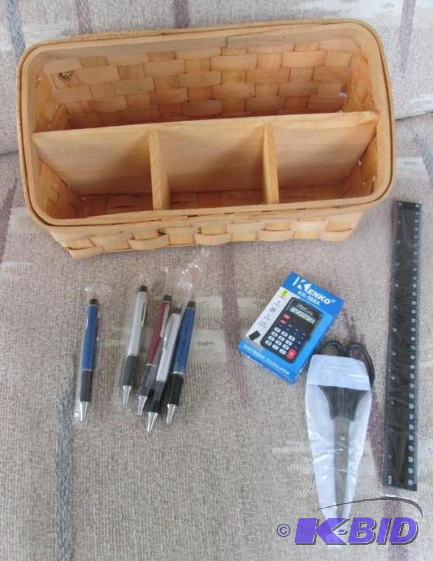 lot 19 image: wooden wooven basket, sisors, ruler, 5 colore...