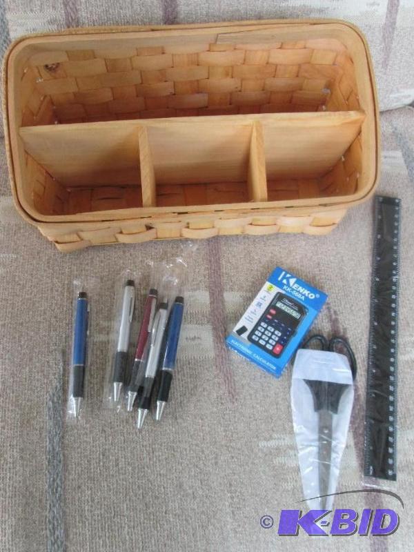 lot 20 image: wooden wooven basket, sisors, ruler, 5 colore...