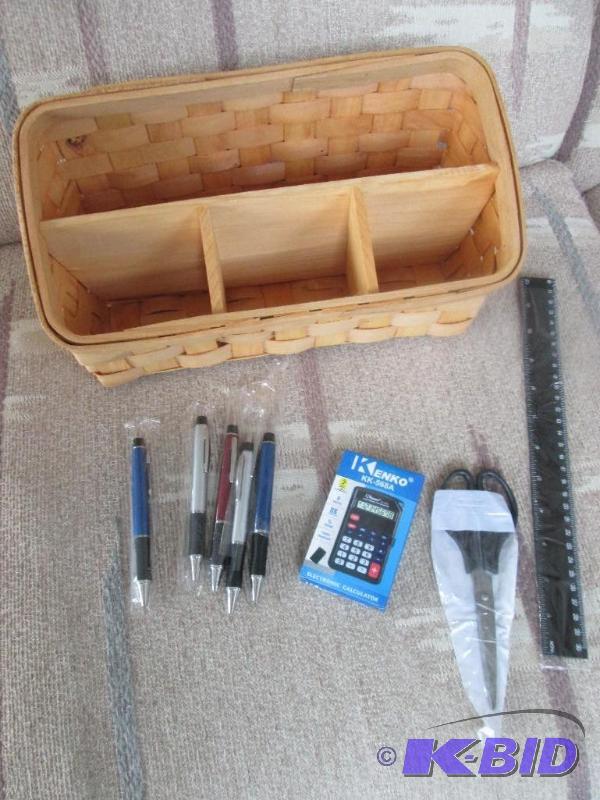 lot 21 image: wooden wooven basket, sisors, ruler, 5 colore...