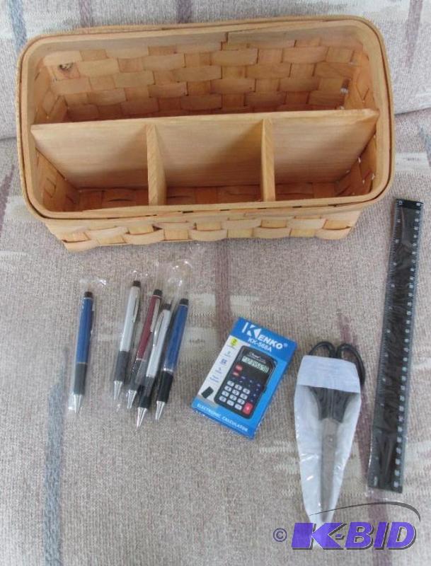 lot 22 image: wooden wooven basket, sisors, ruler, 5 colore...