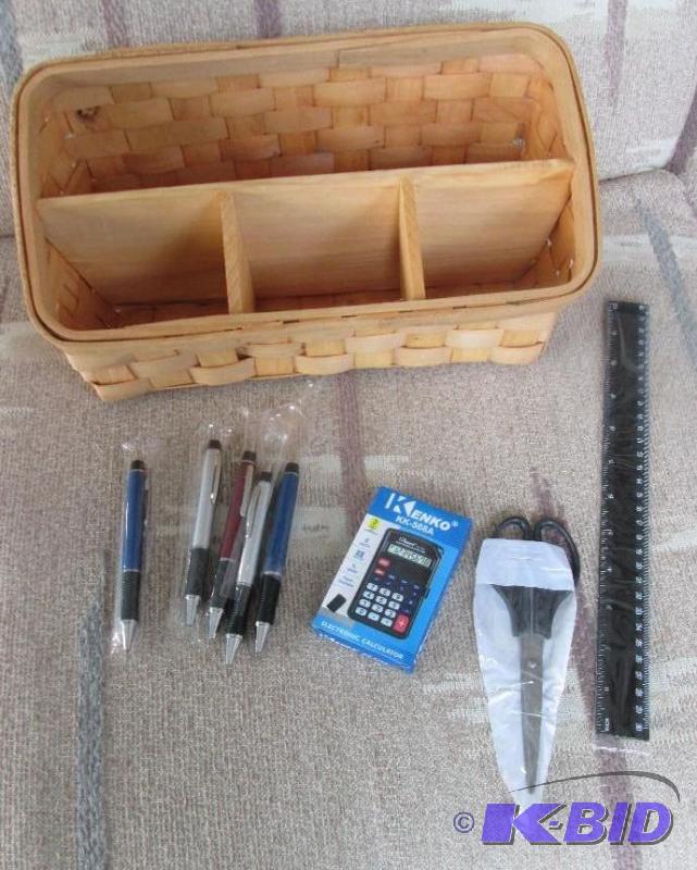 lot 23 image: wooden wooven basket, sisors, ruler, 5 colore...