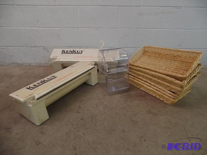 lot 28 image: 2 Wrap dispensers, Cereal Dispenser, and 6 Wicker Serving Baskets