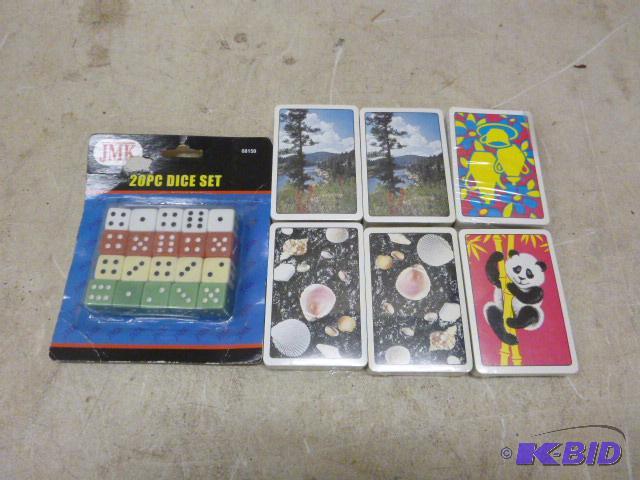 lot 214 image: Six New Decks of Cars and a 20 Piece Dice Set...