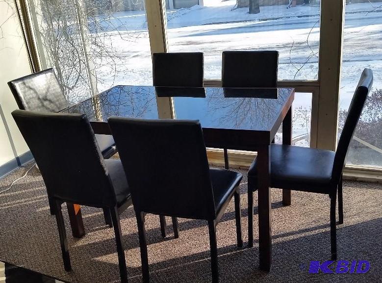 Mcleland 47 Glass Top and Walnut Wood Table and 6 Parsons Black Metal and Faux Black Leather Chairs