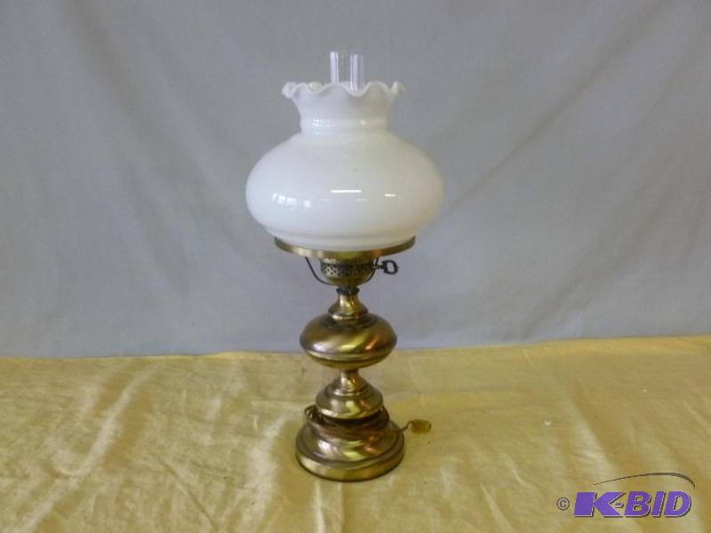 lot 117 image: Large brass plated metal base and milk glass ...