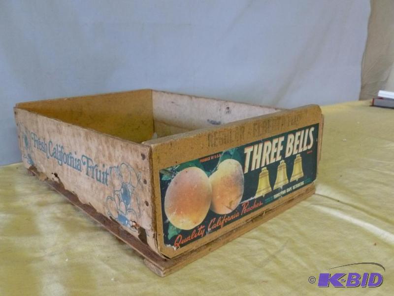 lot 121 image: Vintage Three Bells wooden fruit crate....