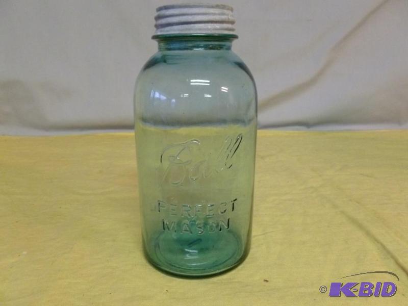 lot 218 image: Large Vintage Ball Perfect Mason blue glass c...