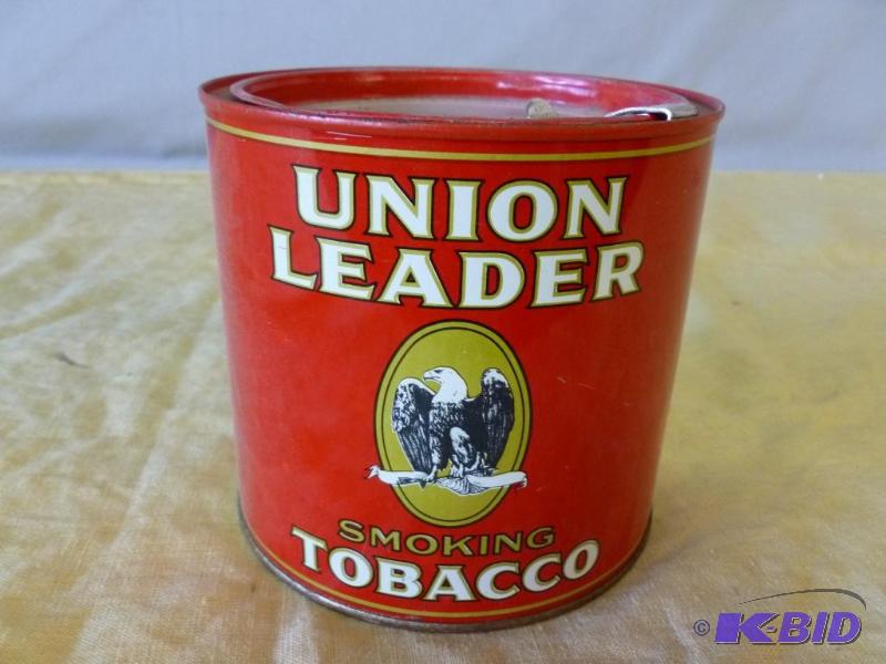 lot 28 image: Vintage Union Leader metal tobacco container,...