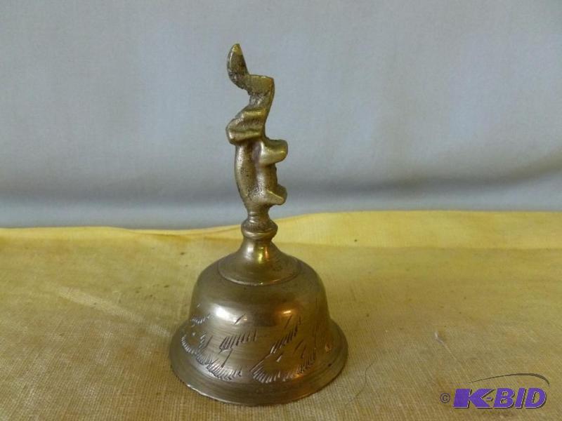 lot 32 image: Vintage etched cast brass dinner bell that me...