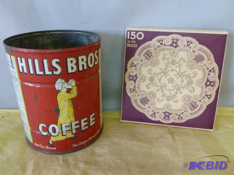 lot 88 image: Vintage Hills Bros metal coffee can and a new...
