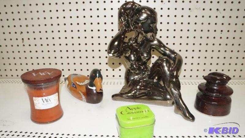 Bronze Finish Woman Figurine, Vintage Insulator, Wood Duck & 2 Candles