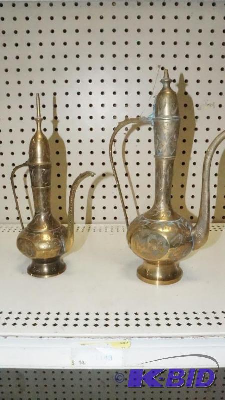 Set of 2 Bronze or Brass Chinese Tea Pots with Great Detail Work  Have Patina