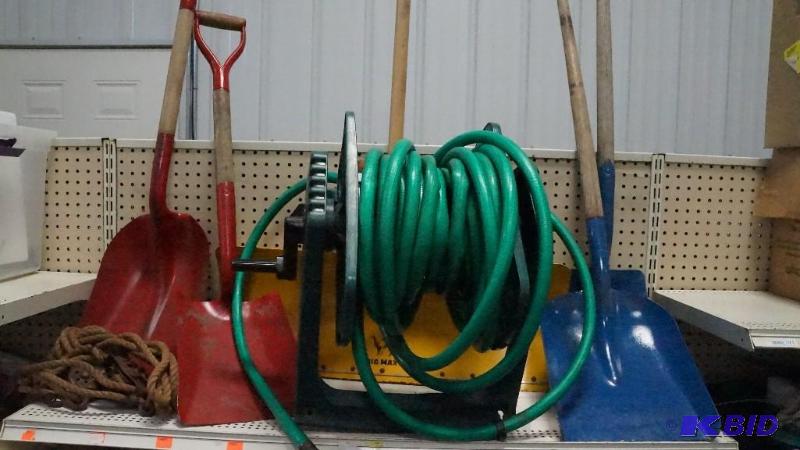 Lot of Shovels, Hose w Hose Reel & Fence Stretcher