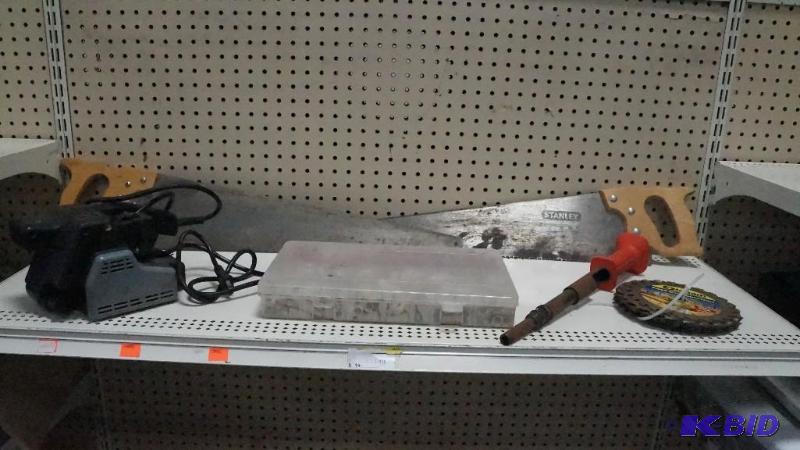 2 Hand Saws, B&D Belt Sander, Asst Wire Nuts & Asst Skil Saw Blades