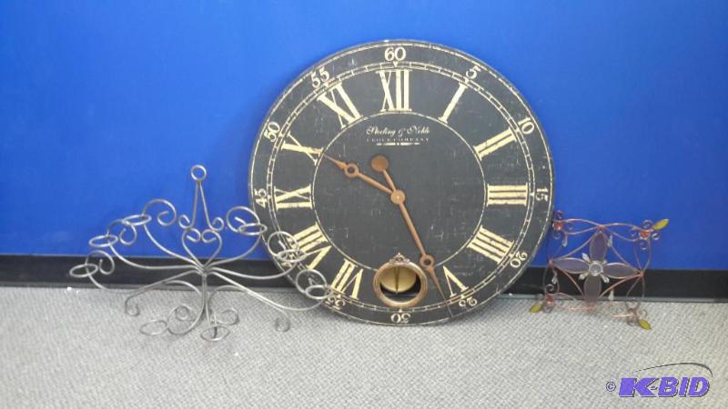 lot 89 image: 29 inch clock, wall hangings, candleholder
