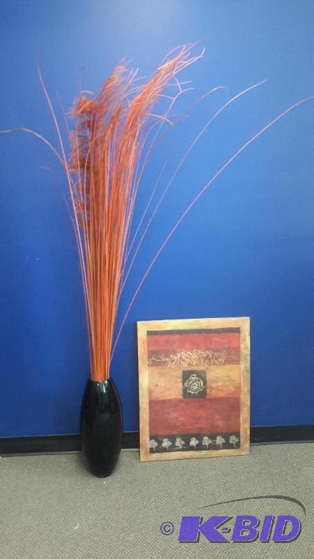 lot 90 image: vase with plant 6 ft tall, wall art