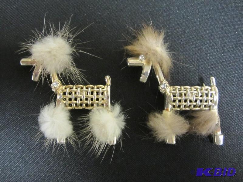 Lot of two vintage poodle pins with fur trim gold tone