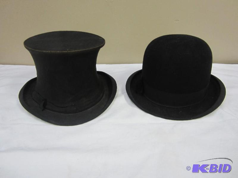2 Antique Mens Hats Bowler & Top Hat