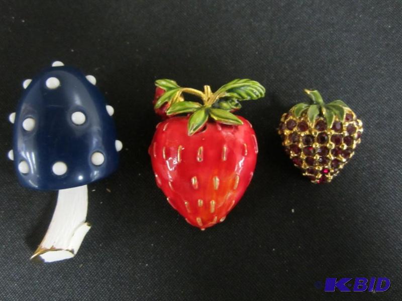 Lot of three vintage pins. Trifari Mushroom and two strawberry