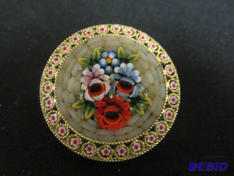 Vintage Gold tone Italy mosiac floral pin