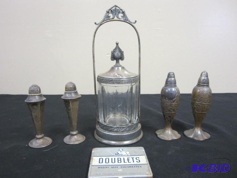 Lot of vintage silver plate picker caster  salt and pepper shakers and tin cigarette box