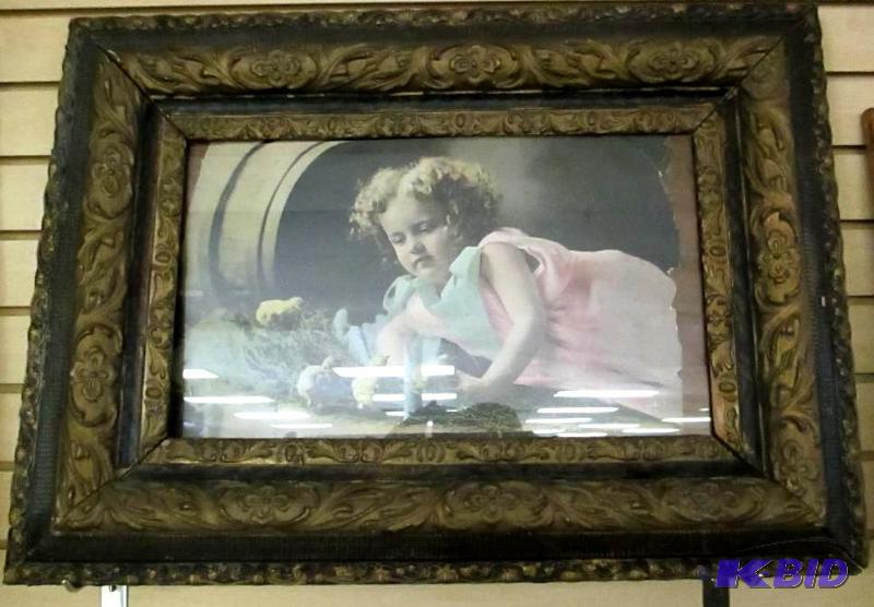 Vintage Picture Of Little Girl With Chicks In Ornate Frame