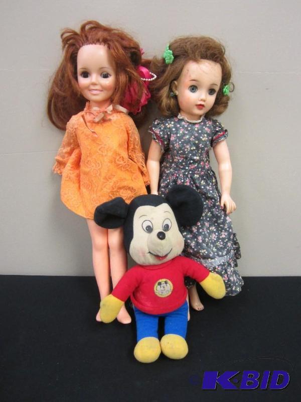 2 Vintage Ideal Dolls & Plush Mickey Mouse