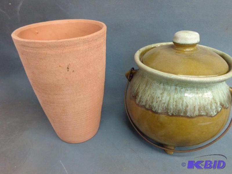 Green Crock with Lid and Ceramic Vase   Green...