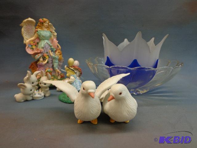 Glass Bowl, Doves and a Blue Tulip vase...