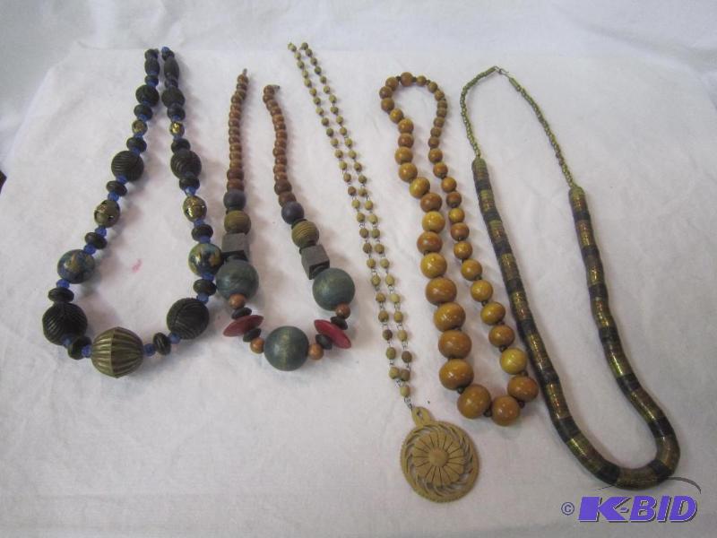5 Necklaces - Metal, Handcarved, Blue and Gold, Wood, ETC