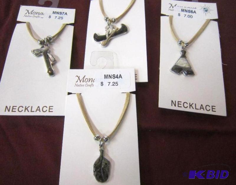 Lot of 4 Necklaces - Native American - Leaf, Indian and Canoe,T-Pee, Hatchet