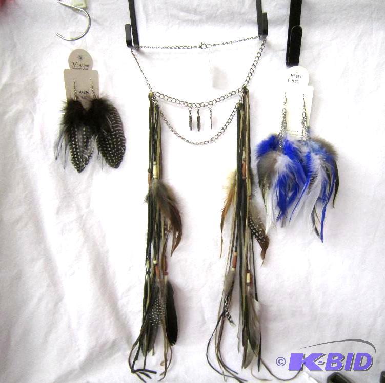 One Feather Necklace and 2 Set of Feather Earrings