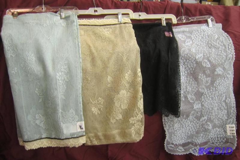 New Lace Linens - Pair of Blue Curtains 45x24, Beige 45x24 Valance, Black Valance, Blue Runner 14x53