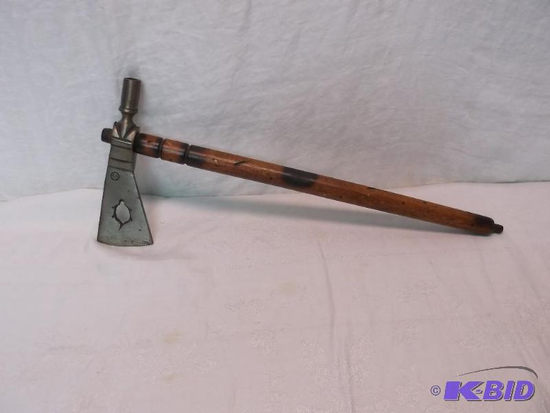lot 53 image: Native American tomahawk peace pipe measuring...